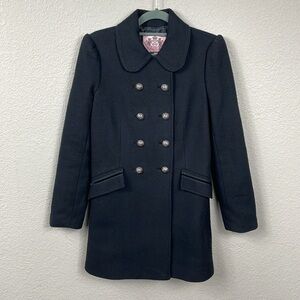Juicy Couture Wool Blend Double Breasted Pea Coat Jacket Black Peter Pan Sz P
